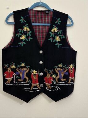Ashley Hill Vest Christmas Wool Blend Womens M Reindeer Plaid Lined Mistletoe